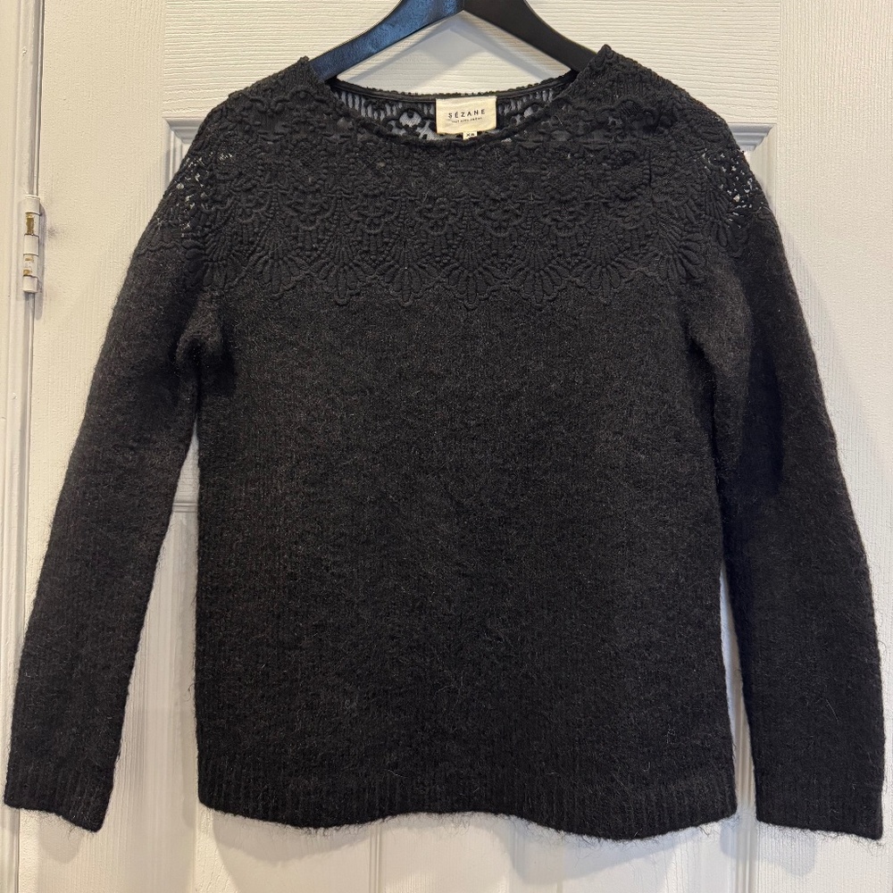 Sezane black lace knit sweater